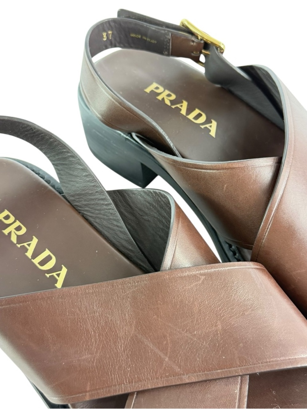 PRADA Brown Sandali Block Crisscross Slingback Sandals 37 - 7 US Made in Italy - Picture 6 of 12